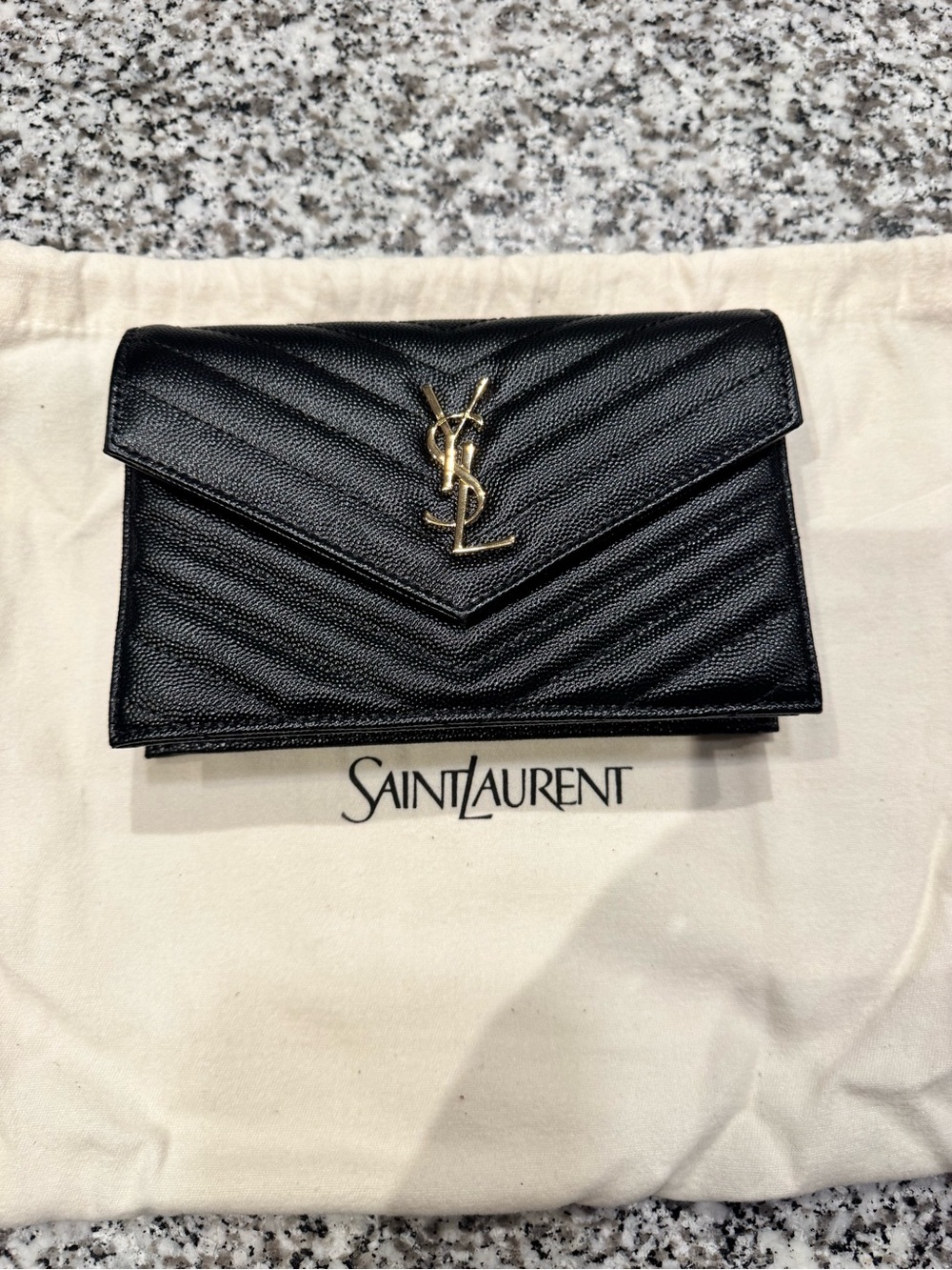Saint Laurent Black Quilted Envelope Wallet with Gold YSL Logo